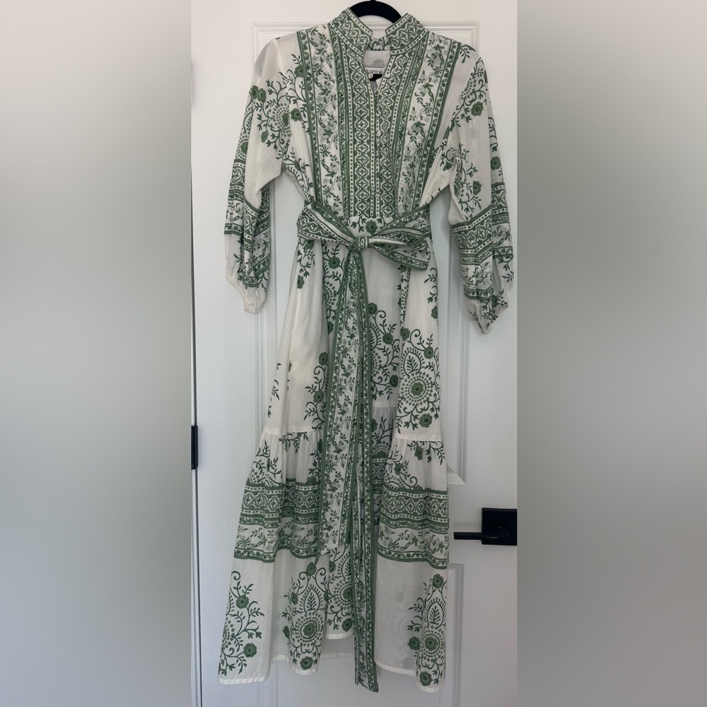 Cream Maxi Dress with Green Floral Print and Self-Tie Waist